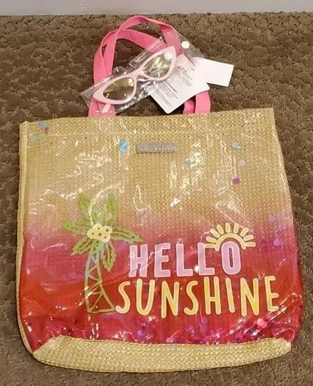 Conjunto de bolsa tote e óculos de sol femininos limitada demais "HELLO SUNSHINE" forrada natação novo com etiquetas - Imagem 1 de 1