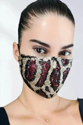 FACE MASK- Red ANIMAL PRINT -SEQUIN-Adult- Adjustable Straps-Machine Washable - Image 1 of 4