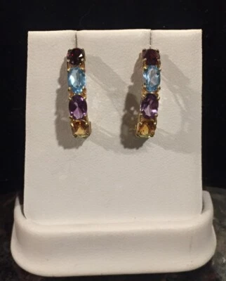 14K 黄金石榴石 Topas 紫水晶黄水晶 Peridot 半环 J 耳环 — 第 1/4 张图片