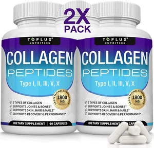 Toplux Multi Collagen Peptides Pills 1800 Mg Complex - Type I, II, III, V, X Pre - Picture 1 of 7