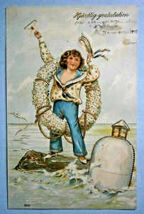 207. Embossed Greeting Card with Sailor Boy in Life Preserver - Picture 1 of 2