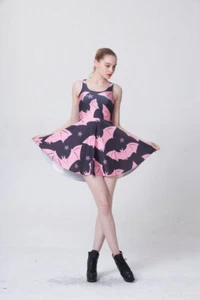 Mujer Plisado Mini Vestido Rosa Murciélago Estampado Sin Mangas Chaleco Vestido S-2XL 329 - Imagen 1 de 5