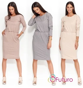 Mujer Cuello Redondo Mangas Largas Damas Vestido Midi con Bolsillos Elásticos en la Cintura FM157 - Imagen 1 de 13