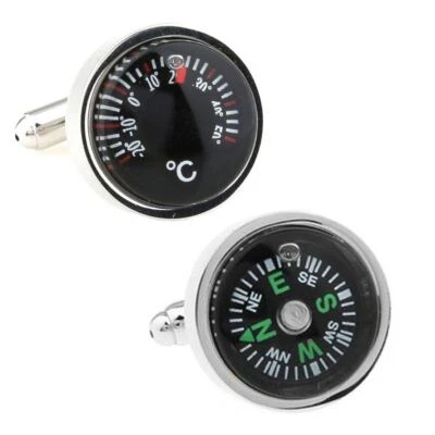 Working Compass And Temperature Gauge Cufflinks Novelty Hiking Naval Wedding - Image 1 of 4