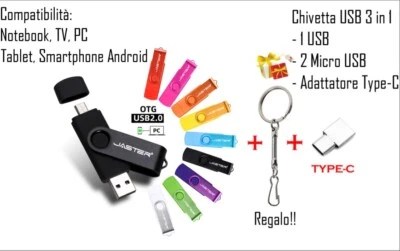 CHIAVETTA 64GB JASTER 3 IN 1 USB MICRO TYPE-C OTG PER PC TABLET+ PORTACHIAVI - Immagine 1 di 4