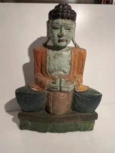 Antiker sitzender Buddha 44 cm farbige Gestaltung Holzfigur - Bild 1 von 10
