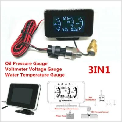 3In1 LCD Car Oil Pressure/Voltmeter Voltage/Water Temperature Gauge Meter 12/24V - Image 1 of 4