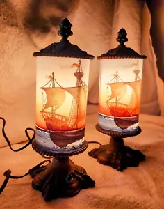 OBVERSE REVERSE PAINTED PAIR SET OF TORCHIERE LAMPS NAUTICAL - Picture 1 of 7