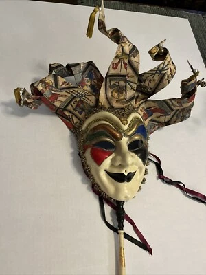 VINTAGE  ITALIAN CARNIVAL MASK MASQUERADE MARDIGRAS MASK ON STICK - Image 1 of 4