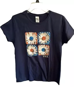 Patriotic Floral Tee Shirt Womens Large Navy Blue Short Sleeves NWT NEW - Picture 1 of 16