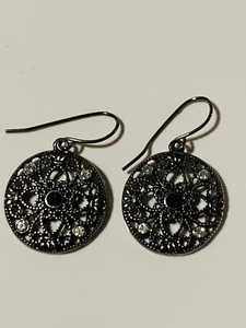 "Memoir" Silver Tone with Onyx Like Stone & Crystal Earrings - Picture 1 of 1