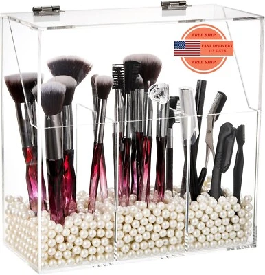 Porta brochas de maquillaje con tapa antipolvo, perlas blancas, organizador Foto 1 de 4
