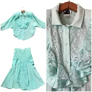 Vintage 80er Marshall Rousso Las Vegas Rock Top Set Aqua Grün Spitze Western 5 6 - Bild 1 von 20