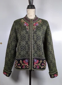 Isländisches Design Damen Medium 100 % Wolle durchgehender Reißverschluss bestickt Jacke Taschenlinie - Bild 1 von 15