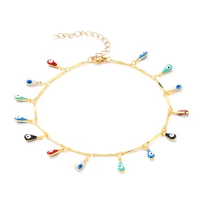 Enamel Charm Anklet Bracelet Stainless Steel Lobster Evil Eye Gold 9.6" Z13 - Picture 1 of 5