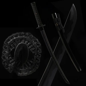Sharp Full Tang Japanese Samurai Katana All Black Sword Wakizashi T10 Steel - Picture 1 of 12