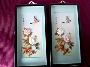 PAR DE CUADROS ENMARCADOS VINTAGE ASIÁTICOS *MADRE PERLA* ARTE CONCHA - 7" X 14" - Imagen 1 de 13
