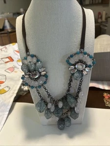 22” Chunky Blue Greenstone Bead Dangle Drop Ribbon Necklace Coldwater Creek - Picture 1 of 13