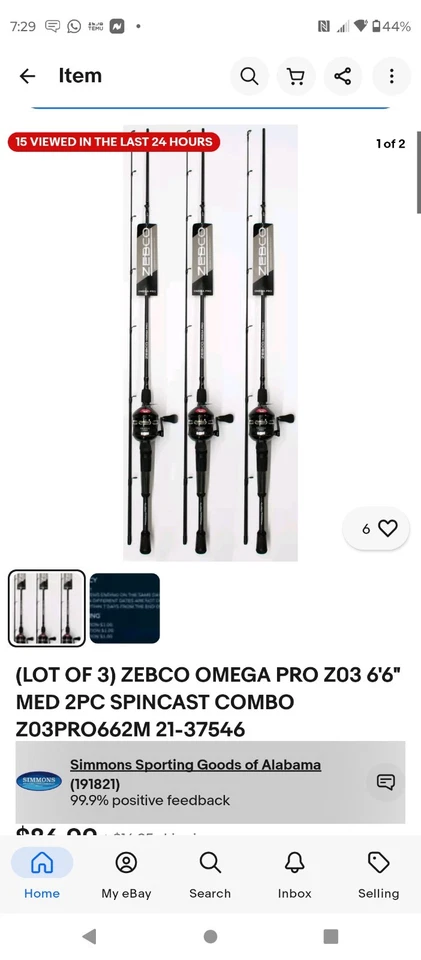(LOTE DE 3) ZEBCO OMEGA PRO Z03 6'6" MED 2 PIEZAS SPINCAST COMBO Z03PRO662M 21-37546 Foto 1 de 3