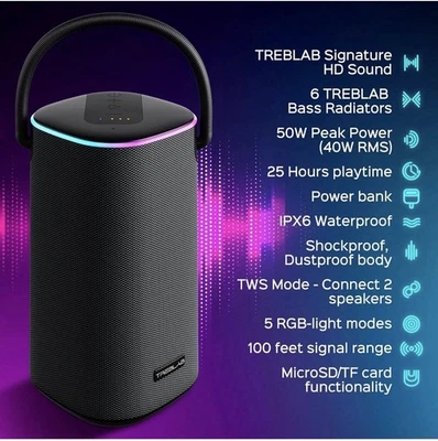 TREBLAB HD-Force - Altavoz Bluetooth Portátil IPX6 Altavoces Inalámbricos Impermeables Foto 1 de 3
