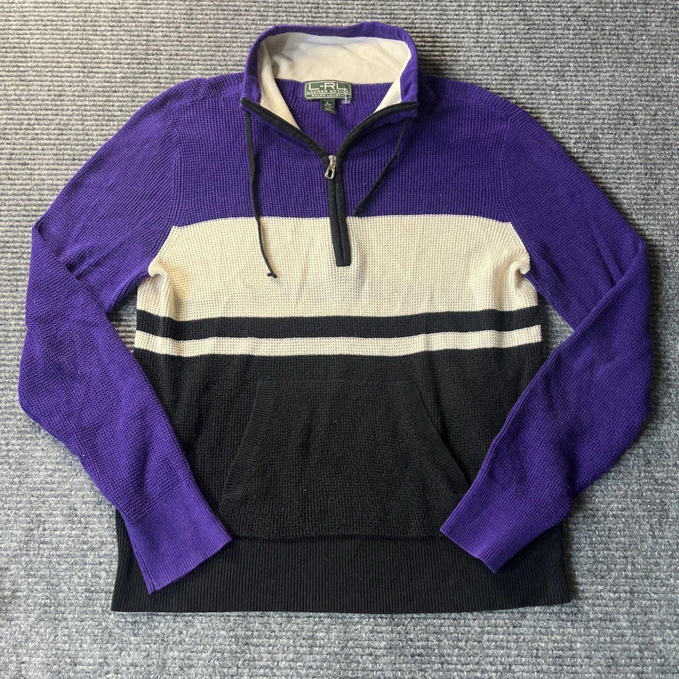Suéter tejido vintage Ralph Lauren LRL Active para mujer 1/4 cremallera púrpura negro Y2K L Foto 1 de 4