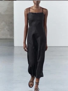 ZARA BLACK ZW COLLECTION 100% LINEN OPEN BACK CLASSIC MIDI DRESS Size S NWT - Picture 1 of 7