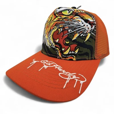 Ed Hardy Screaming Tiger Trucker Sombrero Naranja Oliva Bordado SnapBack Gorra NUEVO Foto 1 de 4