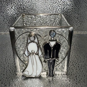 Vtg. Stained Glass Trinket Box Bride Groom Wedding  Keepsake Gift 2 7/8” Square - Picture 1 of 13