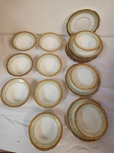 CHARLES AHRENFELDT Gold & Green Limoges 10 Ramekins w Saucers DAVIS COLLAMORE - Picture 1 of 13