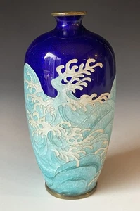 Jarrón antiguo vintage del siglo XIX japonés era Meiji Ginbari lámina Cloisonne olas del océano - Imagen 1 de 14