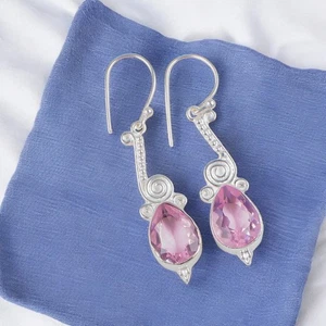 Daughters Day Sale Kunzite Stone Sterling Silver Bezel Drop Mother Boho Earrings - Picture 1 of 6