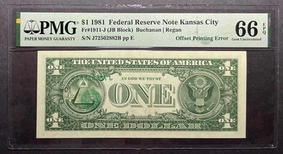 $1 1981 FRN Kansas City - Partial Offset of Overprint on Back Error - PMG 66 EPQ - Image 1 of 3