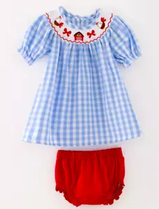 Boutique Farm Dress Baby Girls Blue Gingham Smocked Bishop Bummies Puff Sleeve - Picture 1 of 2