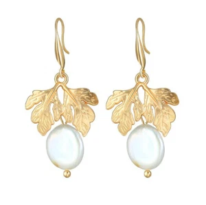 Leaves Natural Pearl Gemstone Yellow Gold Plated Hook Dangle Earrings for Women - Picture 1 of 5