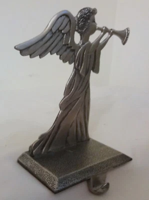 Vintage Heavy Solid Pewter Christmas Angel w Flute Stocking Mantel Hook Holder Foto 1 de 4