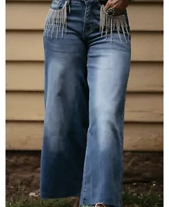 Lucky & Blessed Plus Size 16 Rhinestone Cropped Denim Jeans Tummy Control BLING - Picture 1 of 3