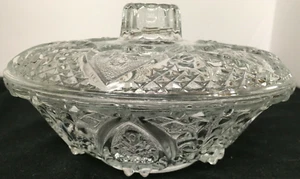 Süßigkeitenschale & Deckel Pressglas mit Herz Diamant Blumenmuster 7" Durchmesser - Bild 1 von 9