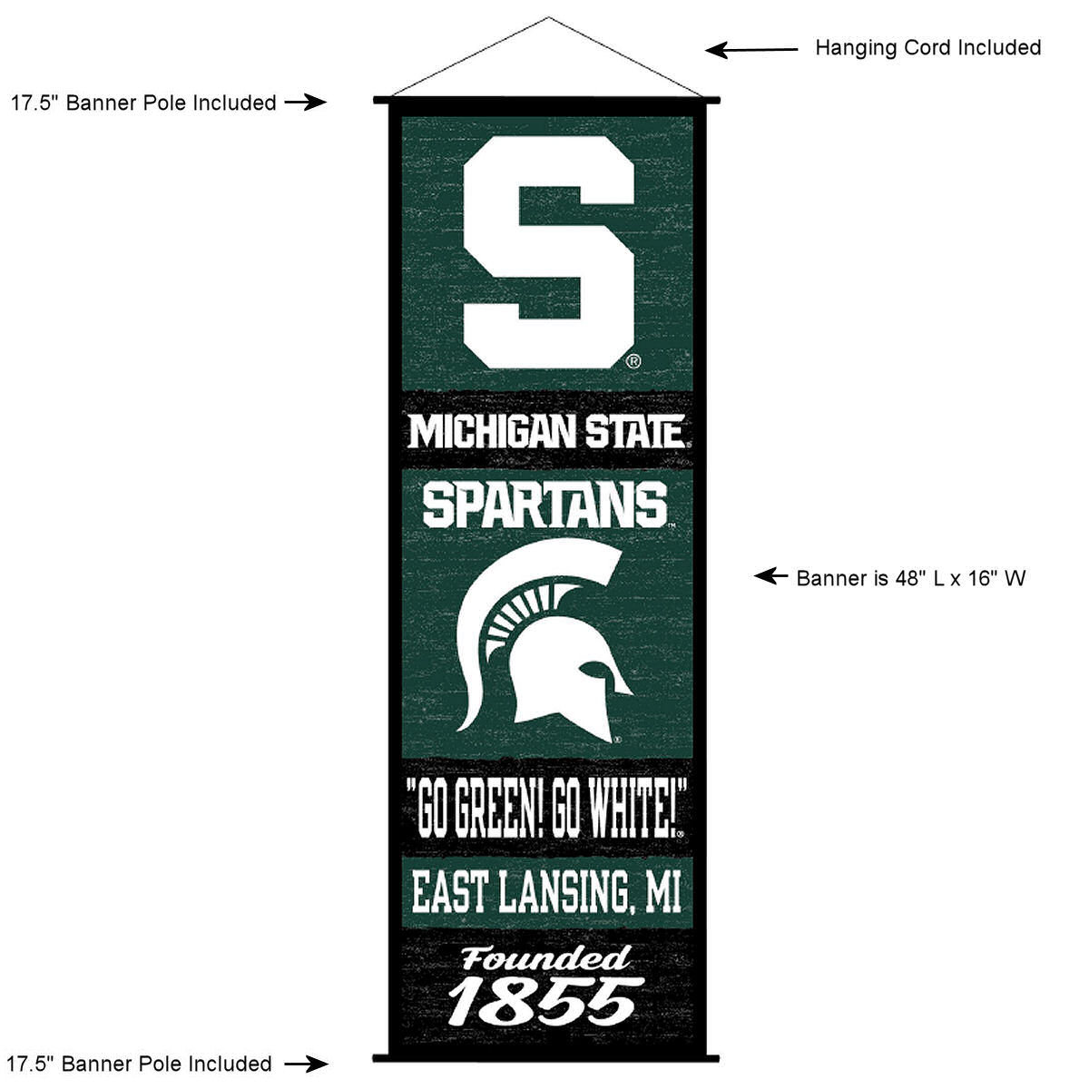 Michigan State Decorations Michigan State Spartans Wool Banner - 8x32 Inch  Embroidered Go Green Go White Vertical Hanging Flag Michigan State  University Flag 3x5, image size:1200x1200