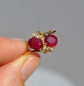 Vtg 14k Solid Gold Natural Ruby & Diamond Ring Bypass Cluster Two Stone Red Gem - Picture 1 of 12