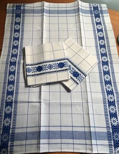3 Vintage Blue & White French Torchon Dish Towels Metis From France Never Used - Picture 1 of 7