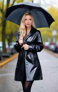 Black PVC Vinyl Women’s Shinny Rain Coat Waterproof Long Coat - Picture 1 of 2