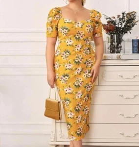 Women's Yellow Floral Puff Short Sleeve Slim Fit Cottagecore Midi Dress Size 3X - Picture 1 of 6