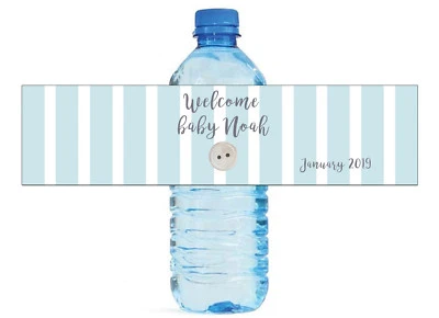 Etiquetas de biberón de agua Baby Blue Stripes ideales para baby shower, cumpleaños, género re Foto 1 de 4