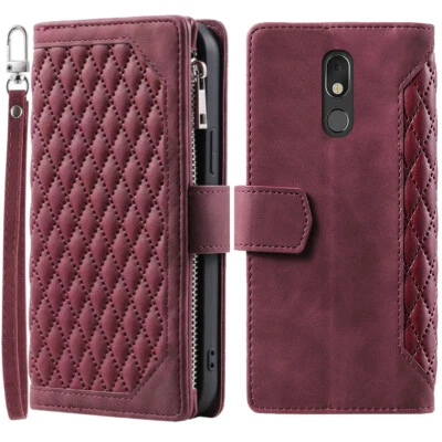 Funda tipo billetera romboidal para LG Stylo 5, funda de teléfono con cremallera de cuero de lujo para tarjeta abatible Foto 1 de 4