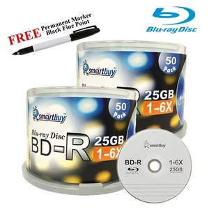 100 Smartbuy Logo BD-R 6X 25GB Blu-ray Blank Media Disc + Black Permanent Marker - Picture 1 of 2