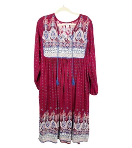 Expressions Womens Boho Maxi Dress Long Sleeve Tassels Split Neck Red Size Large - Picture 1 of 5