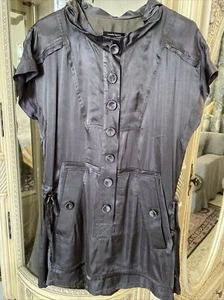 Nanette Lepore Gray Satin SZ S Detachable Hood Mini Dress Buttons Pockets USA - Picture 1 of 7