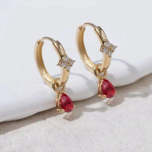 Real Pure 18K Yellow Gold Natural Ruby Diamond Earrings Circle Hoop Women - Picture 1 of 9