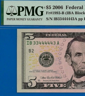 2006 $5 Federal Reserve Note PMG Gem 66EPQ fancy serial number 33444443 - Image 1 of 3