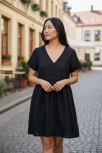 Madewell Damen große Leinenmischung über Knie Kleid Tunika schwarz Preppy Goth 6046 - Bild 1 von 8